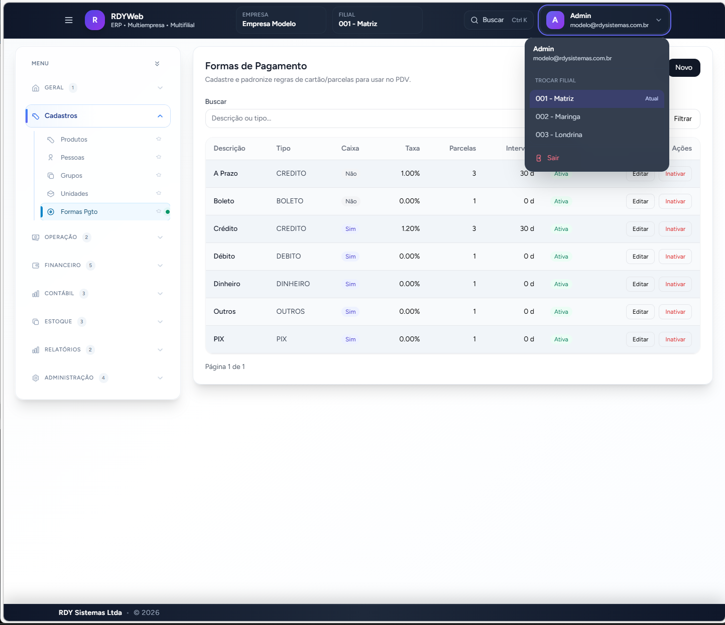 Tela Formas de Pagamento